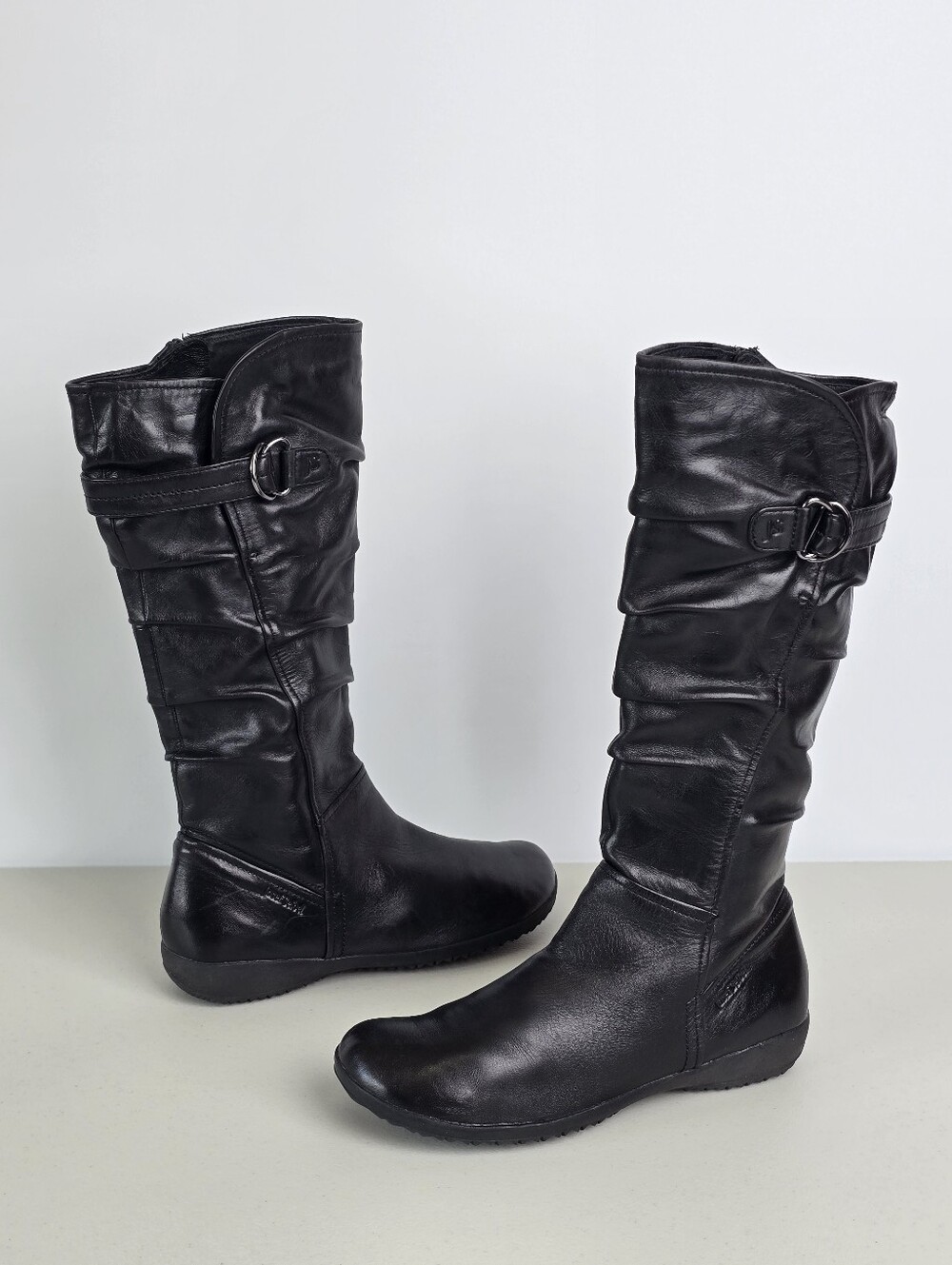 Josef Seibel Naly 23 Black Leather Slouch Tall Boots  Velour Lined EU 37 US 6.5